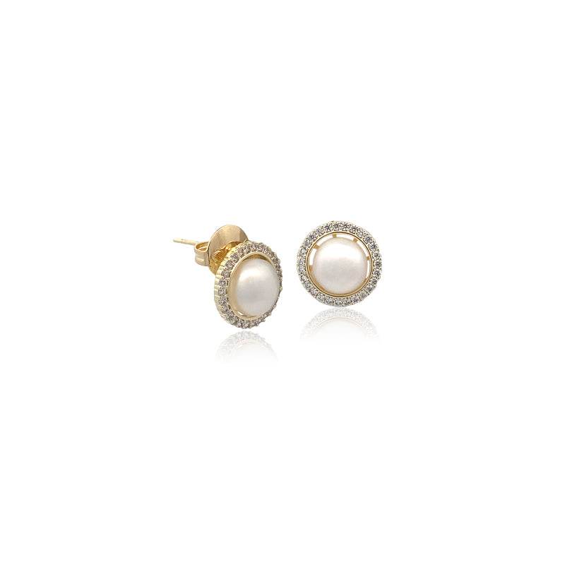Freshwater pearl and cubic zirconia stud earrings with gold plated finish, 7mm pearl, 11x11mm size, post backings