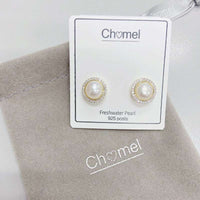 Freshwater Pearl & Cubic Zirconia Earrings gold plated 7mm studs with cubic zirconia rim