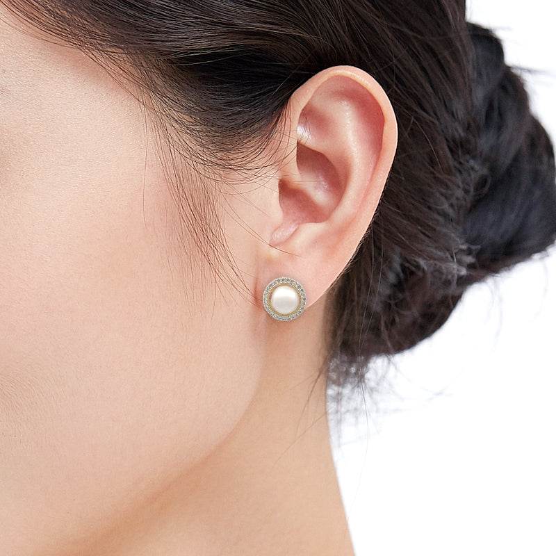 Freshwater Pearl and Cubic Zirconia stud earrings with gold plated finish and 7mm button-shaped pearls