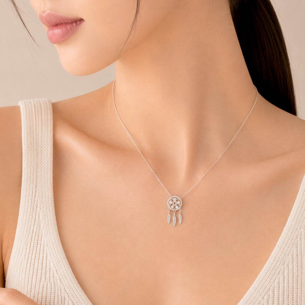 Dream Catcher cubic zirconia necklace with rhodium plated pendant and adjustable chain