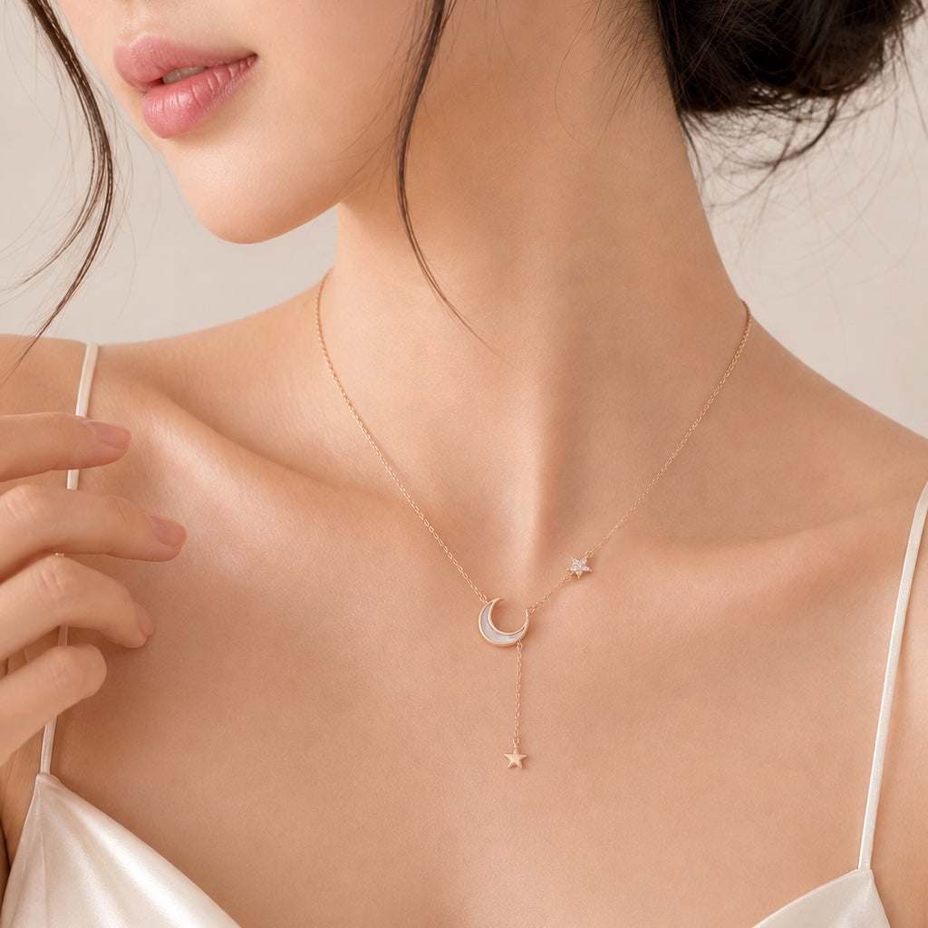 Rose gold Moon & Star Mother of Pearl Necklace with crescent moon pendant and star drop on adjustable chain