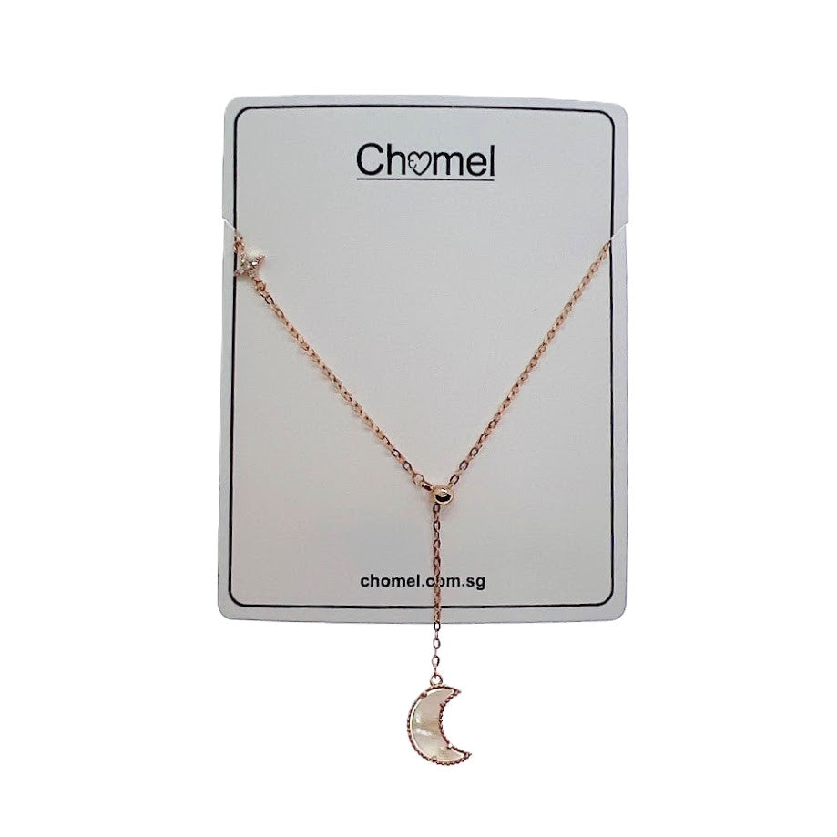 Mother of Pearl moon drop pendant with cubic zirconia star on rosegold chain