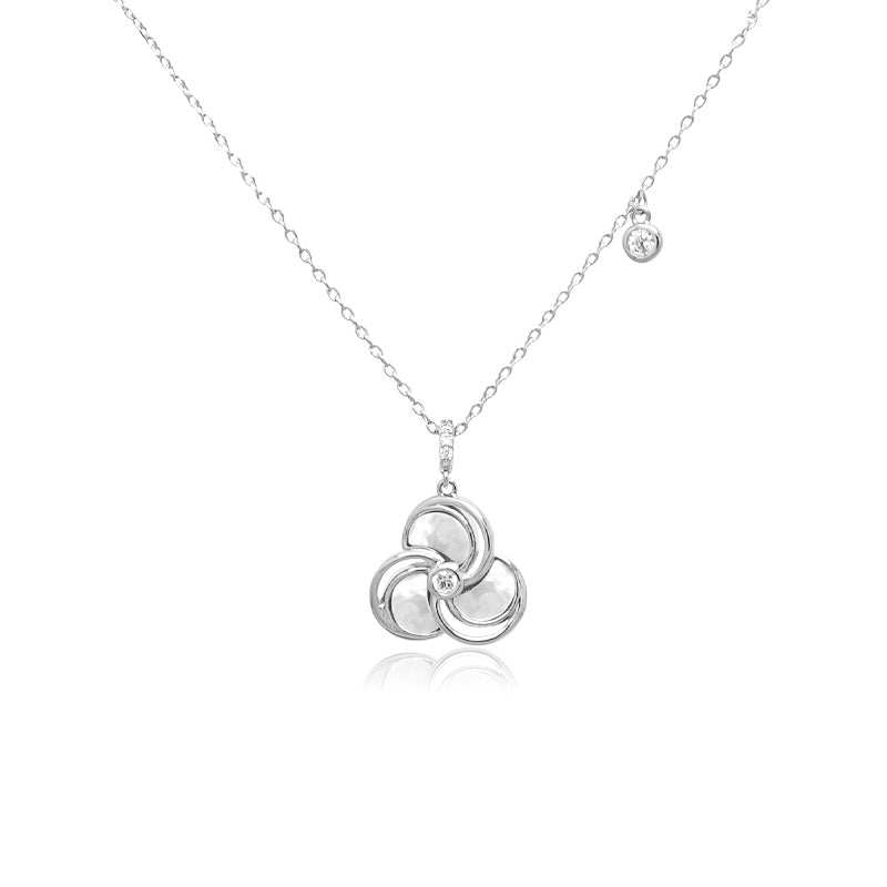 Flower Mother of Pearl Necklace with cubic zirconia drop and rhodium plated adjustable chain