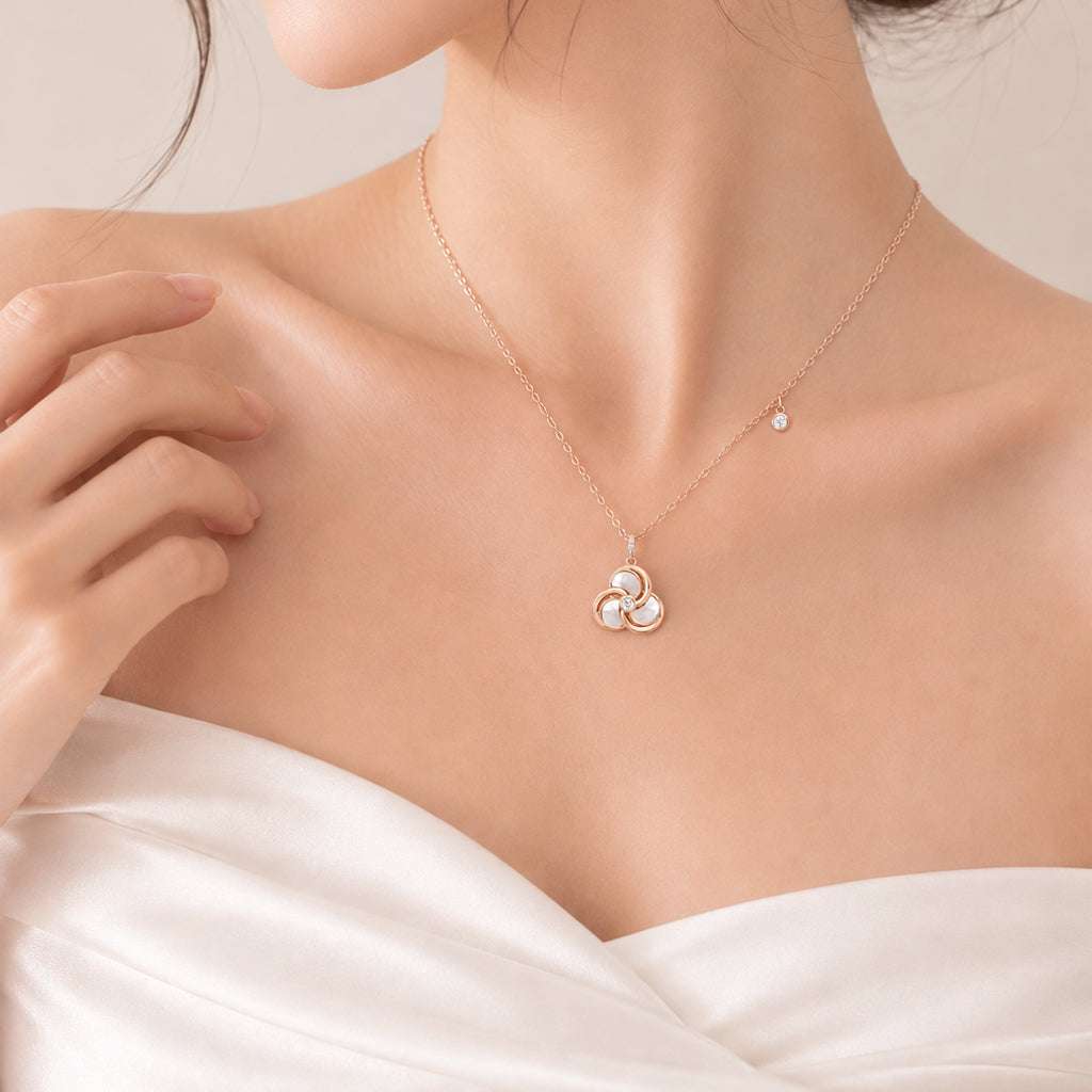 Flower Mother of Pearl Necklace with rose gold plated flower pendant and cubic zirconia drop on adjustable chain