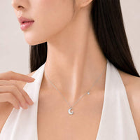 Moon & Star Mother of Pearl Necklace with crescent moon and star pendant on rhodium plated adjustable chain