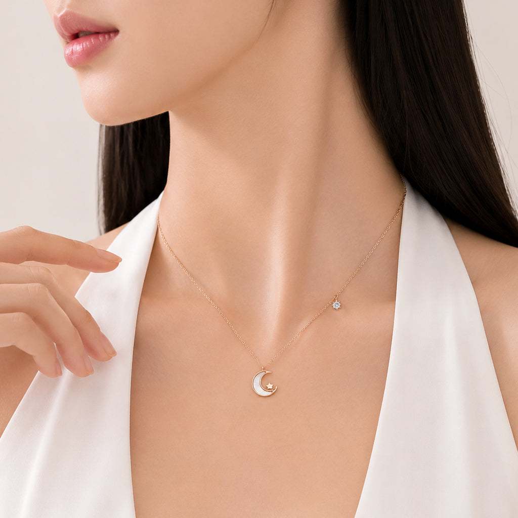 Rose gold Moon & Star Mother of Pearl Necklace with crescent moon and star pendant featuring CZ drop on adjustable chain