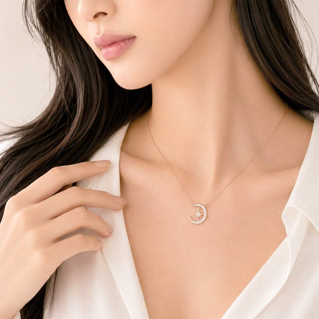Moon and Star cubic zirconia necklace with crescent pendant in rosegold on adjustable chain