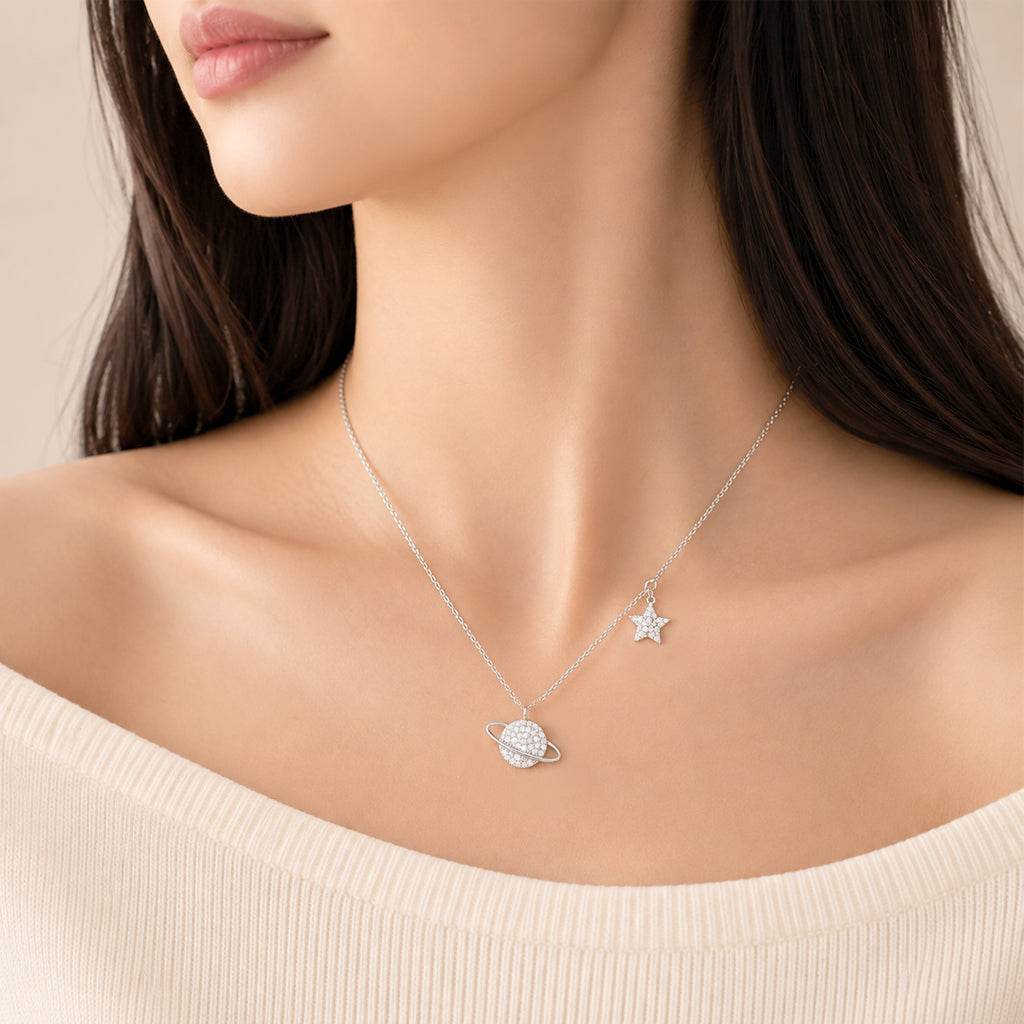 Planet Cubic Zirconia Necklace with star design in rhodium finish, adjustable chain