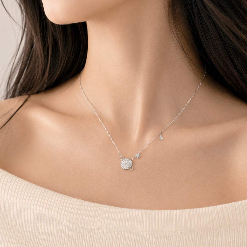 Planet Cubic Zirconia Necklace with star charm and drop, rhodium plated, adjustable chain