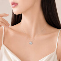 Mother of Pearl clover leaf necklace with cubic zirconia pendant on rhodium plated chain