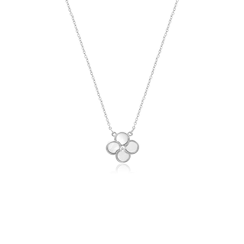 CHOMEL Cubic Zirconia and Mother of Pearl Clover Rhodium Necklace