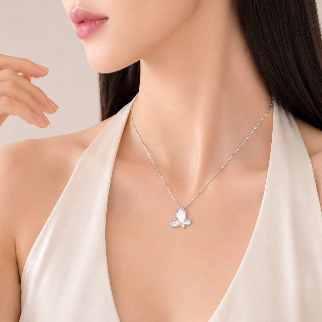 Butterfly Mother of Pearl Necklace with cubic zirconia pendant on adjustable rhodium plated chain