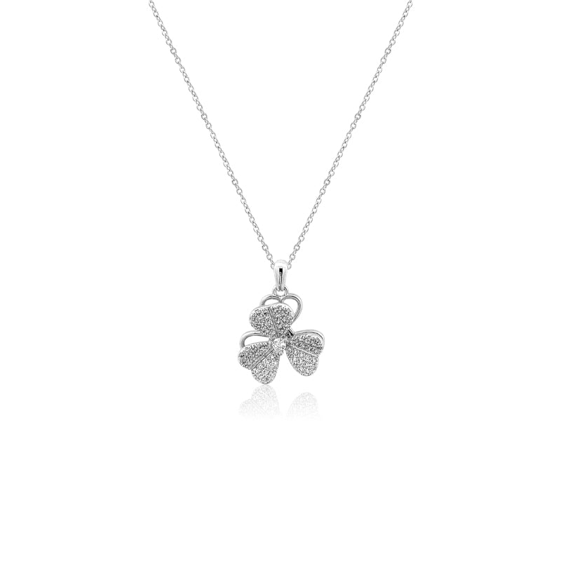 CHOMEL Cubic Zirconia 3 leaf rotating clover rhodium necklace.