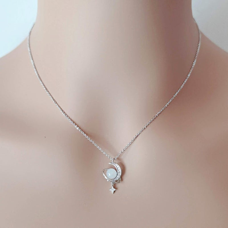 CHOMEL Cubic Zirconia Moon Planet Rhodium Necklace