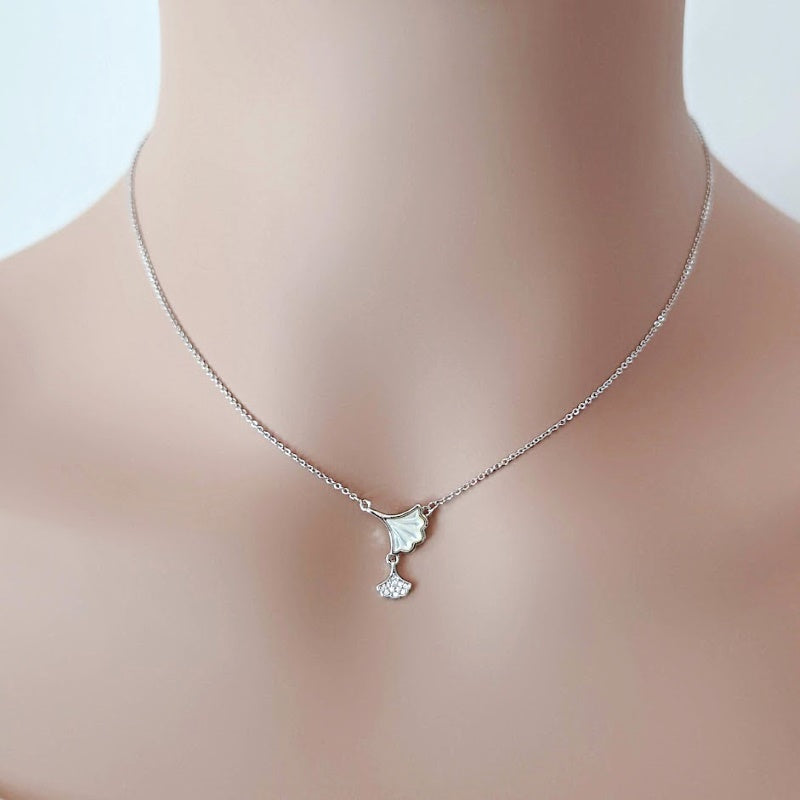 CHOMEL Mother of Pearl Gingko Leaf Rhodium Necklace