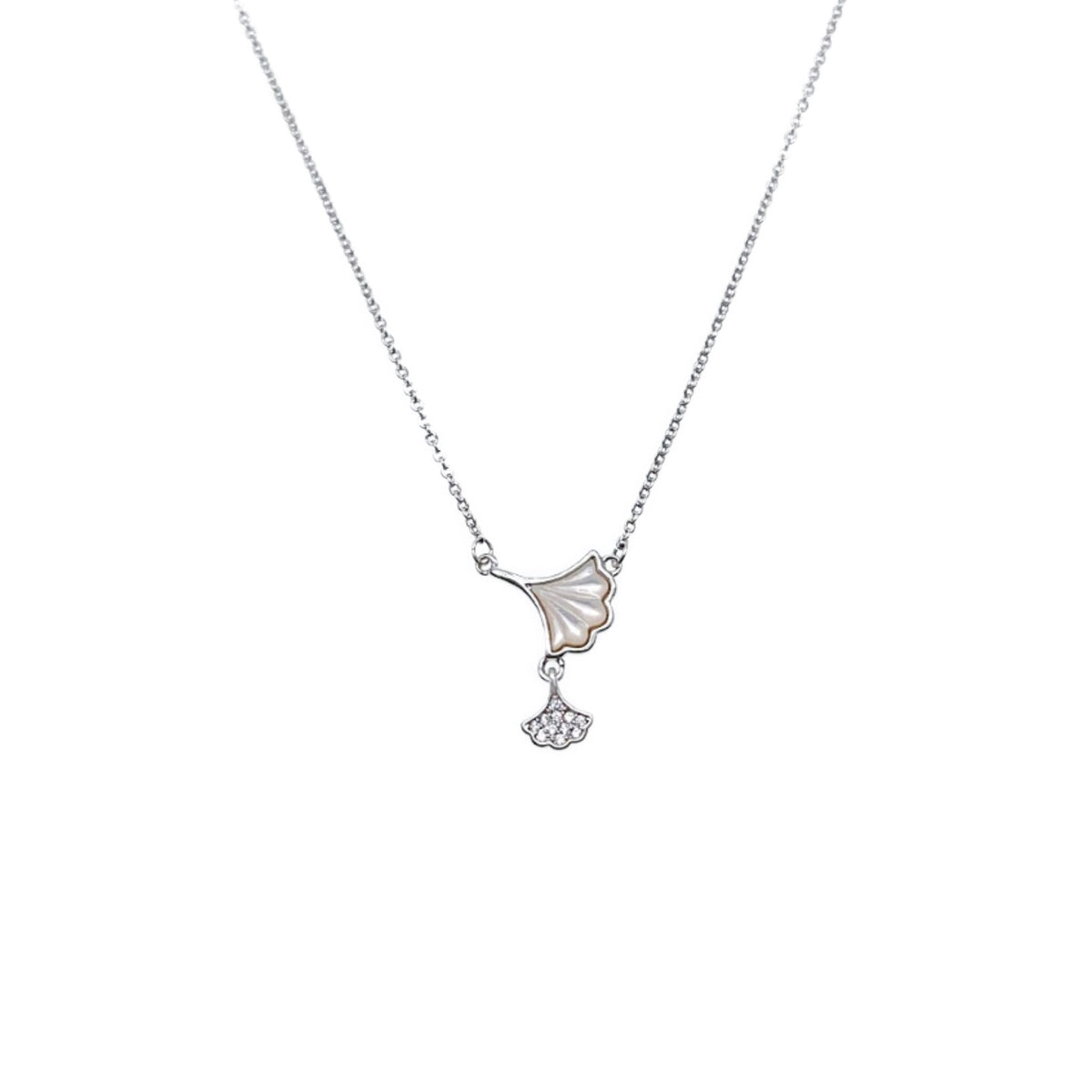 CHOMEL Mother of Pearl Gingko Leaf Rhodium Necklace