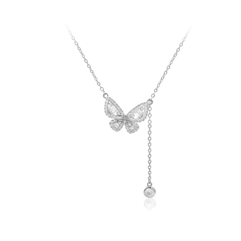 CHOMEL Cubic ZIrconia Butterly with Drop Rhodium Necklace