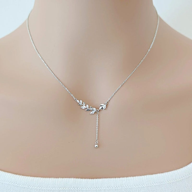 CHOMEL Cubic Zirconia Leaf Rhodium Necklace