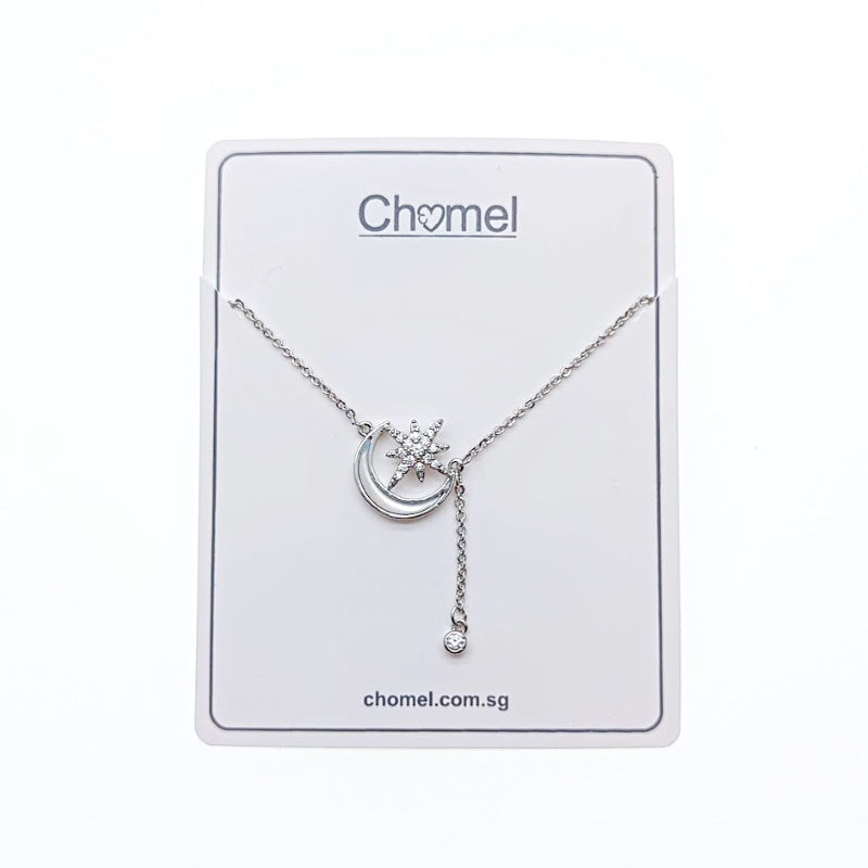 CHOMEL Mother of pearl, cubic zirconia moon & star rhodium necklace