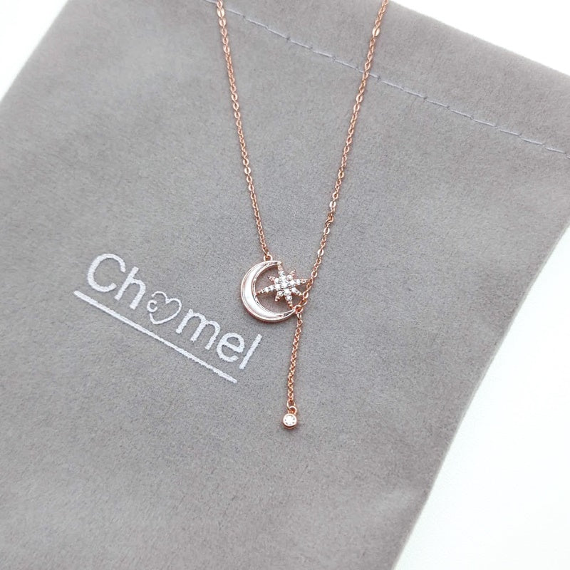 Chomel mother of pearl, cubic zirconia moon & star rosegold necklace