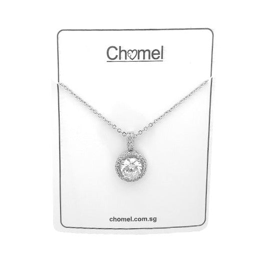 CHOMEL Cubic Zirconia Round Pendant on Rhodium Necklace.