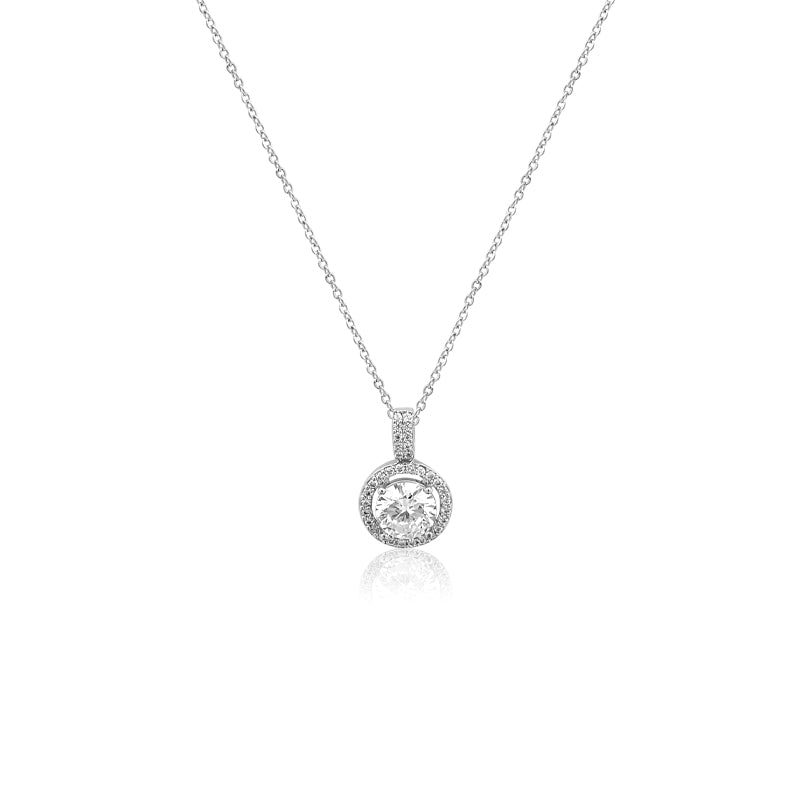 CHOMEL Cubic Zirconia Round Pendant on Rhodium Necklace.