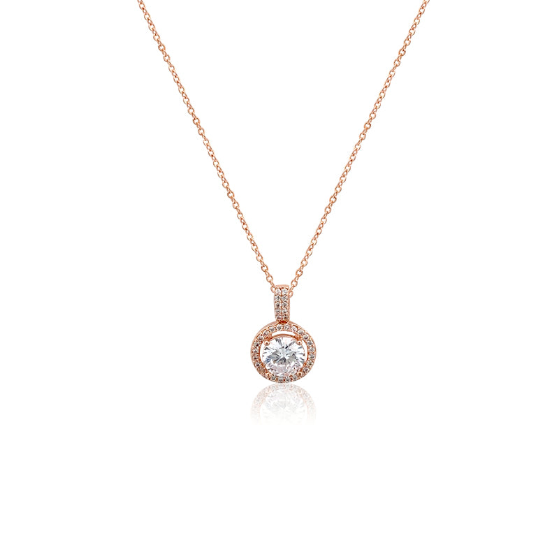 CHOMEL Cubic Zirconia Round Pendant on Rosegold Necklace.