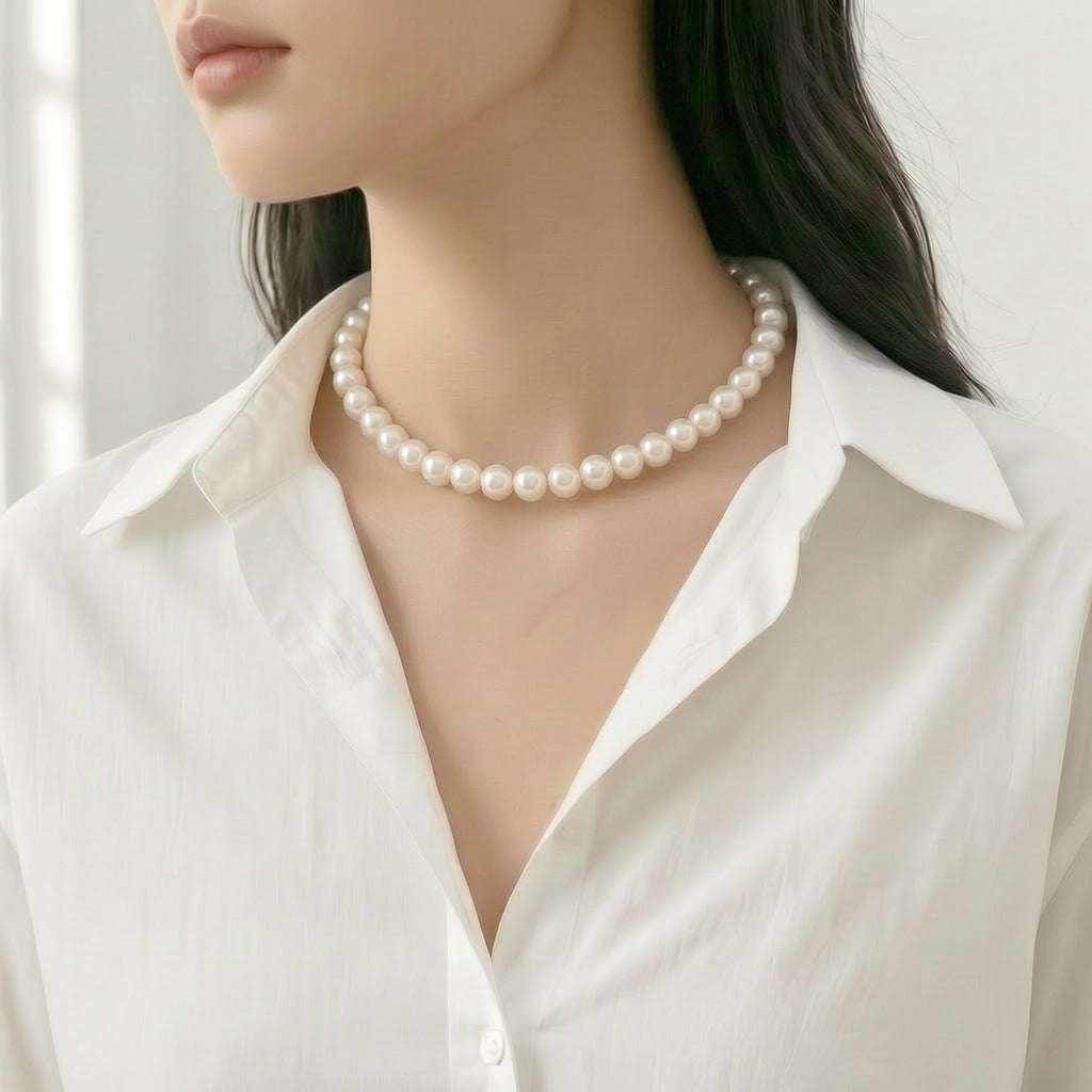 Freshwater pearl necklace with flower rhodium clasp and lustrous 8-9mm pearls, 39cm length