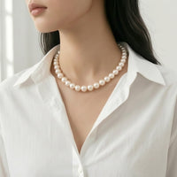 Freshwater pearl necklace with flower rhodium clasp and 8-9mm lustrous pearls, 17 inches long