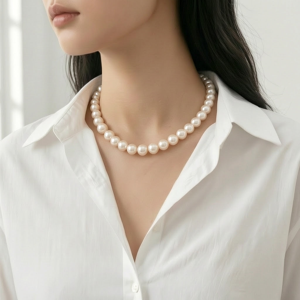 Freshwater pearl necklace with flower rhodium clasp and 8-9mm lustrous pearls, 17 inches long