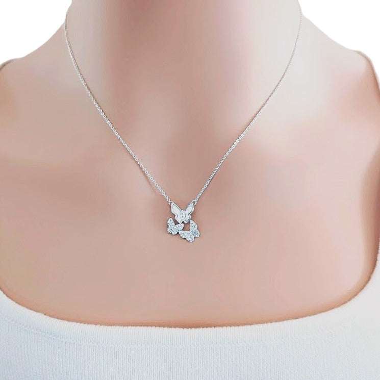 Butterfly Mother of Pearl Necklace with cubic zirconia butterflies on adjustable rhodium plated chain