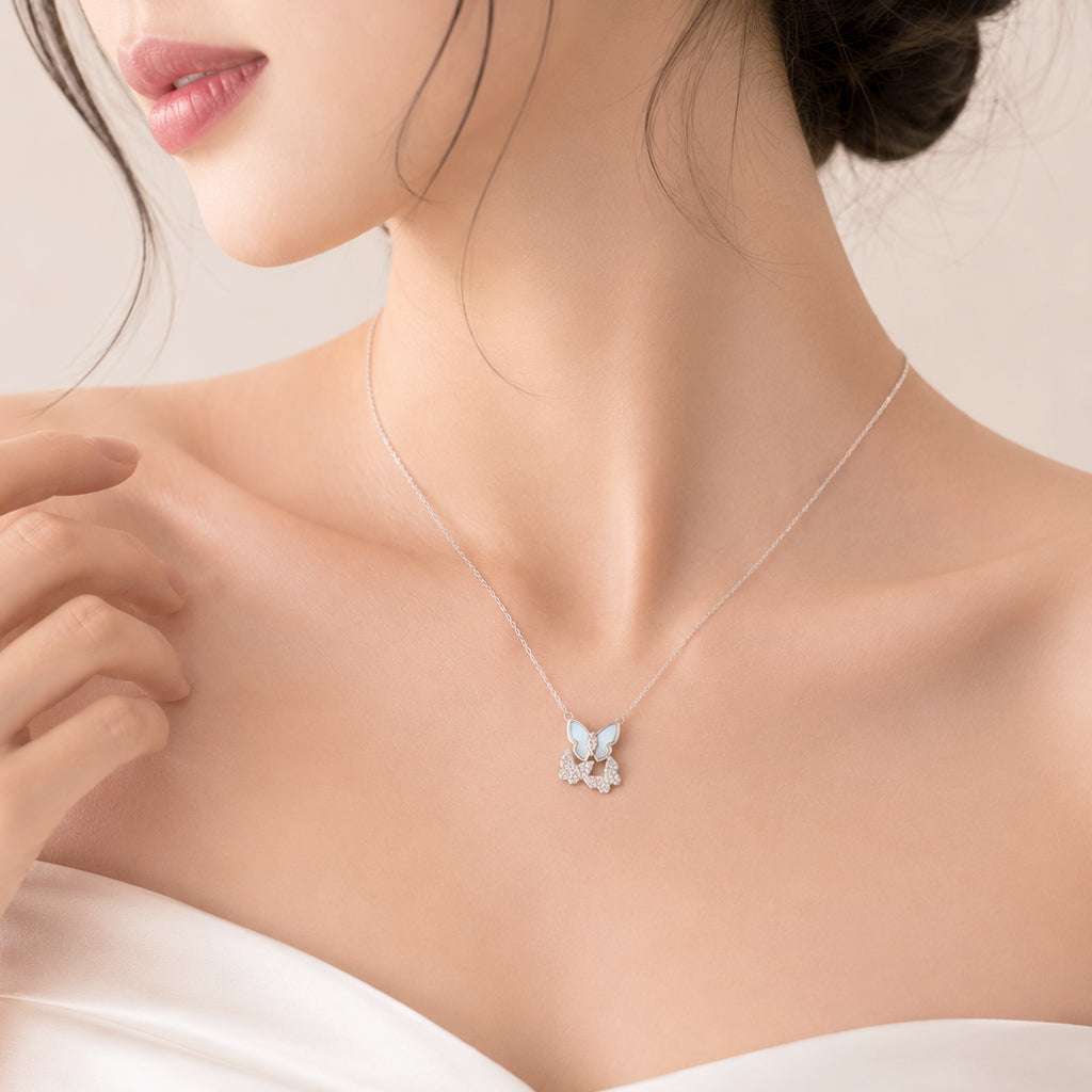Butterfly Mother of Pearl Necklace with cubic zirconia on adjustable rhodium plated chain