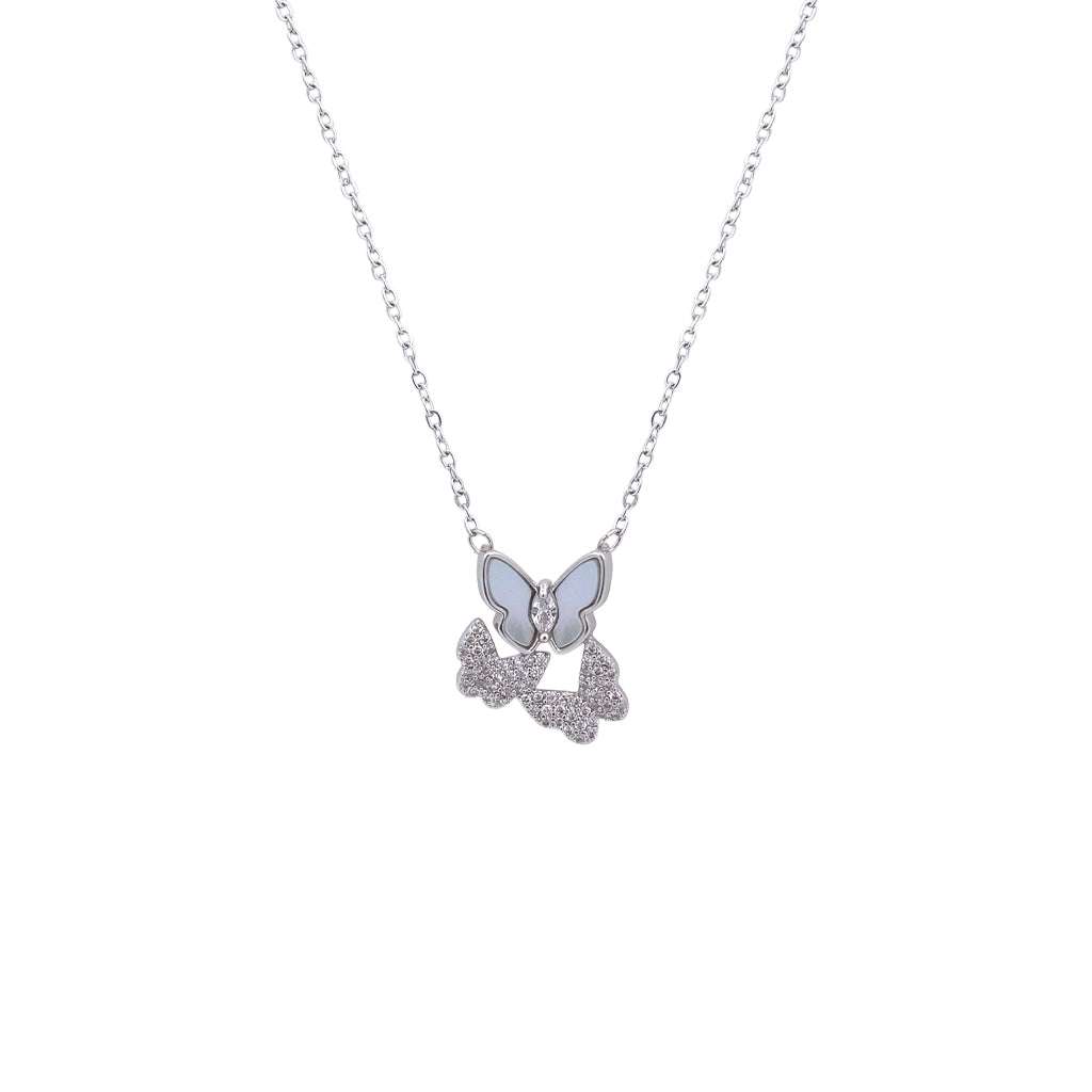 Butterfly Mother of Pearl Necklace with cubic zirconia details on rhodium plated adjustable chain