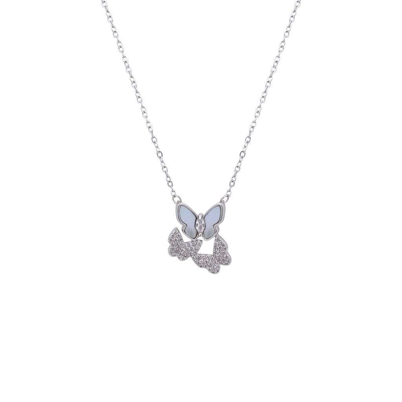 Butterfly Mother of Pearl Necklace with cubic zirconia details on rhodium plated adjustable chain
