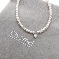 Freshwater Pearl Choker with Cubic Zirconia Heart Pendant - CHOMEL