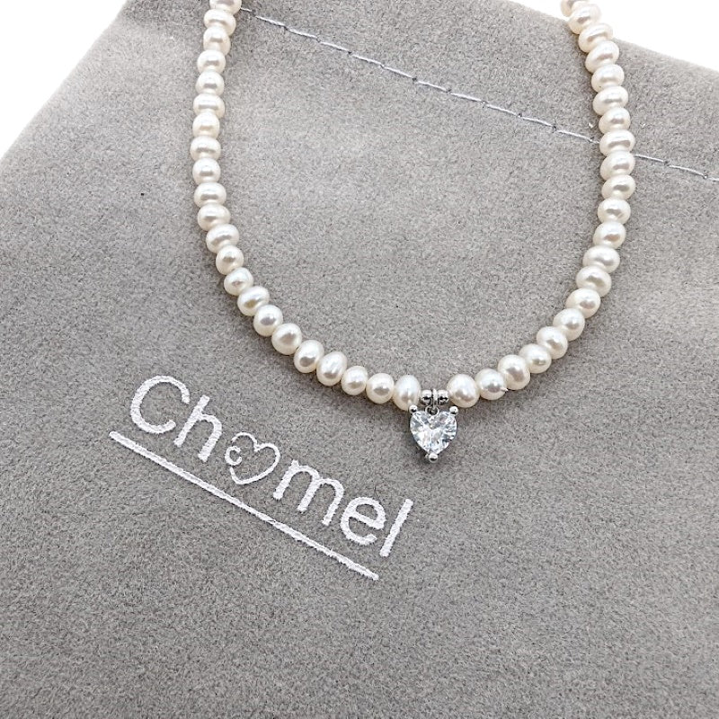 Freshwater Pearl Choker with Cubic Zirconia Heart Pendant - CHOMEL