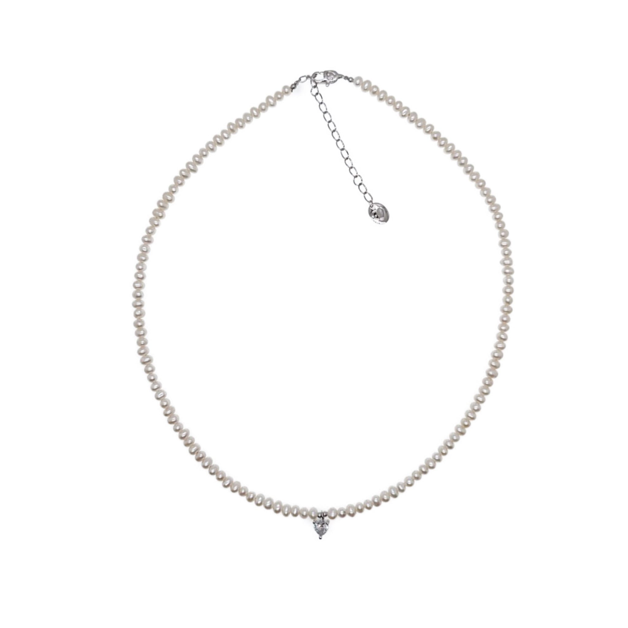 Freshwater Pearl Choker with Cubic Zirconia Heart Pendant - CHOMEL