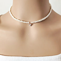 Freshwater Pearl Choker with Cubic Zirconia Heart Pendant - CHOMEL