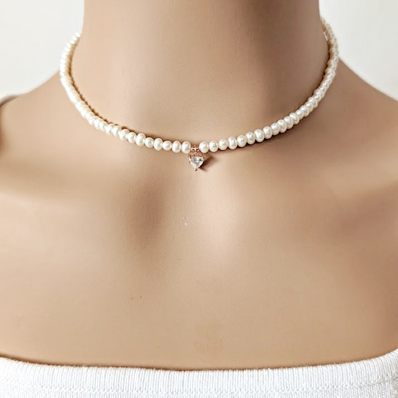 Freshwater Pearl Choker with Cubic Zirconia Heart Pendant - CHOMEL