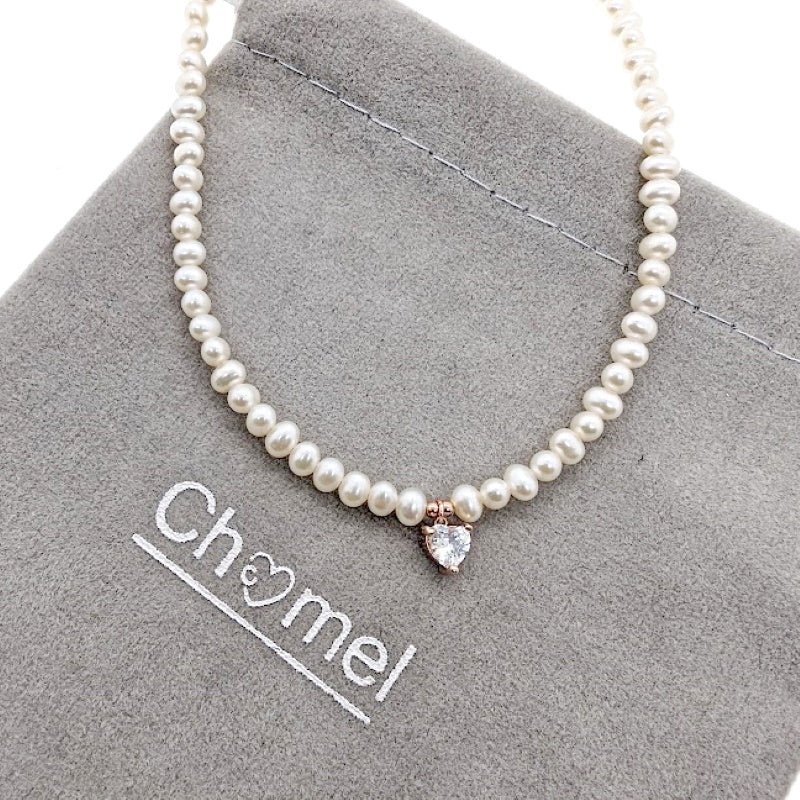 Freshwater Pearl Choker with Cubic Zirconia Heart Pendant - CHOMEL