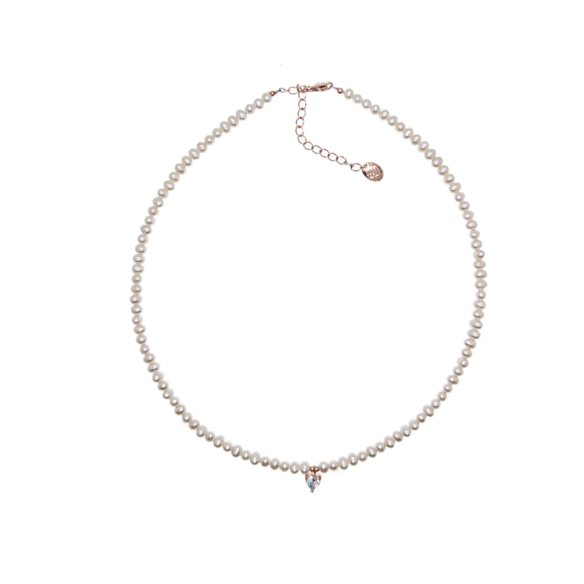Freshwater Pearl Choker with Cubic Zirconia Heart Pendant - CHOMEL