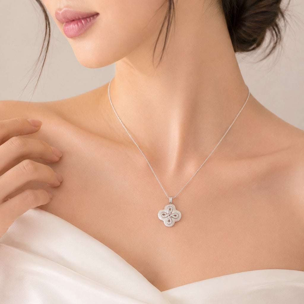 Mother of Pearl and Cubic Zirconia Necklace with clover pendant in rhodium finish on adjustable chain