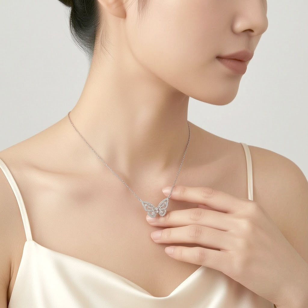 Butterfly cubic zirconia necklace with rhodium plated adjustable chain and delicate butterfly pendant