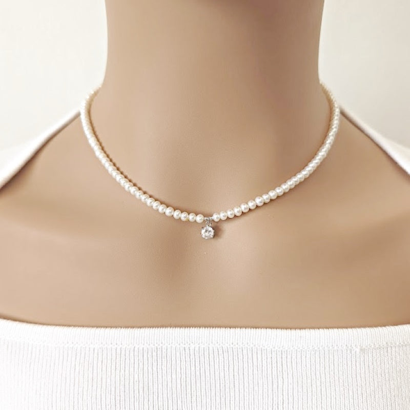 Freshwater Pearl Choker with CZ Pendant - CHOMEL