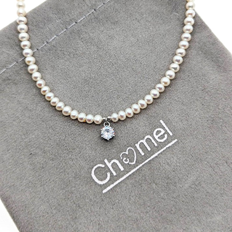 Freshwater Pearl Choker with CZ Pendant - CHOMEL