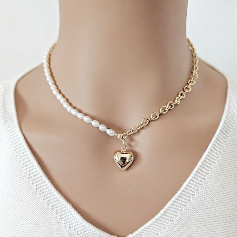 Freshwater Pearl and Chain Necklace with Heart Pendant - CHOMEL