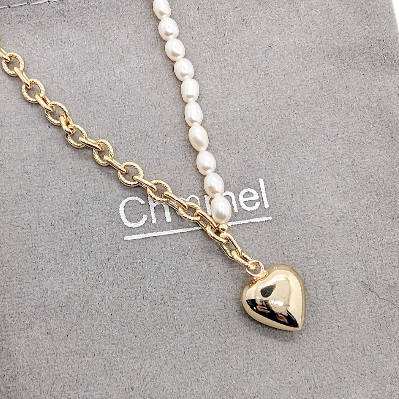 Freshwater Pearl and Chain Necklace with Heart Pendant - CHOMEL