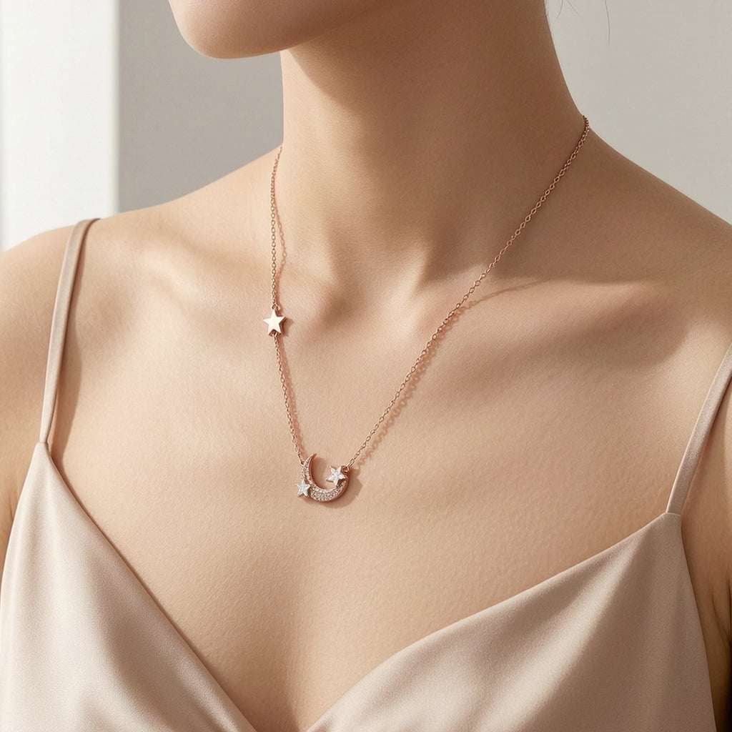 Moon and Star Cubic Zirconia Necklace in Rosegold with delicate celestial pendant and adjustable chain