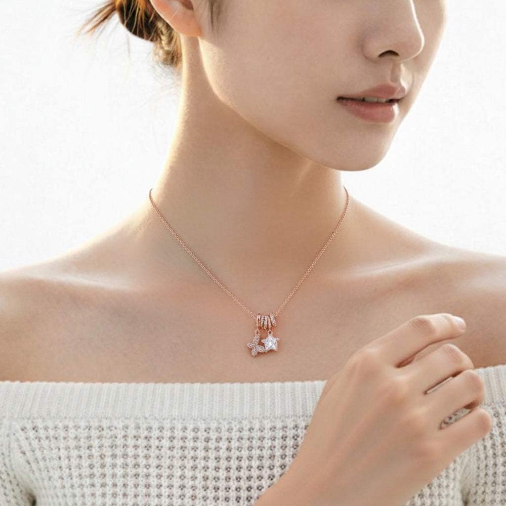Rosegold Butterfly Pendant Necklace with Cubic Zirconia Star and Moveable Slider Rings