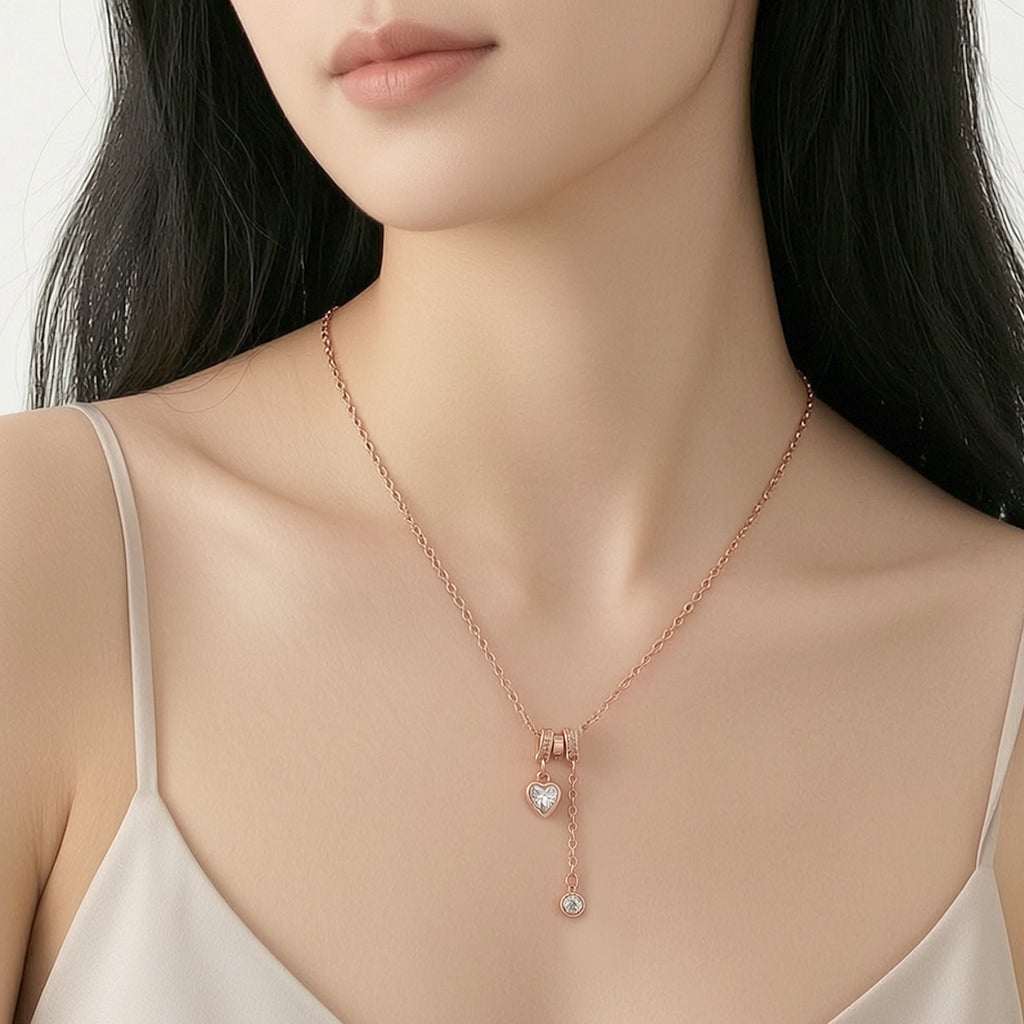 Rosegold Heart Cubic Zirconia Necklace with 3 Adjustable Slider Pendants